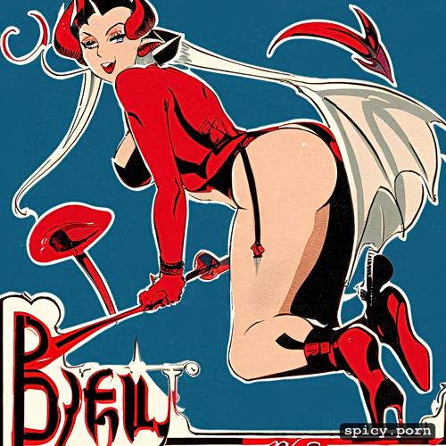 red, advertisement, vintage style, pin up 1950 s, devil, wearing red devil costume