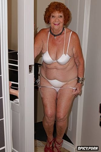 american bimbo granny, strappy heels, big silk sheets on bed she is undressing in bathroom