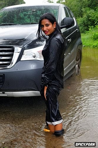 a young soaking wet stunning typical indian bhabhi, standing next to her suv