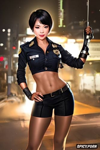 full body, short hair, realism, policewoman, cyberpunk, korean