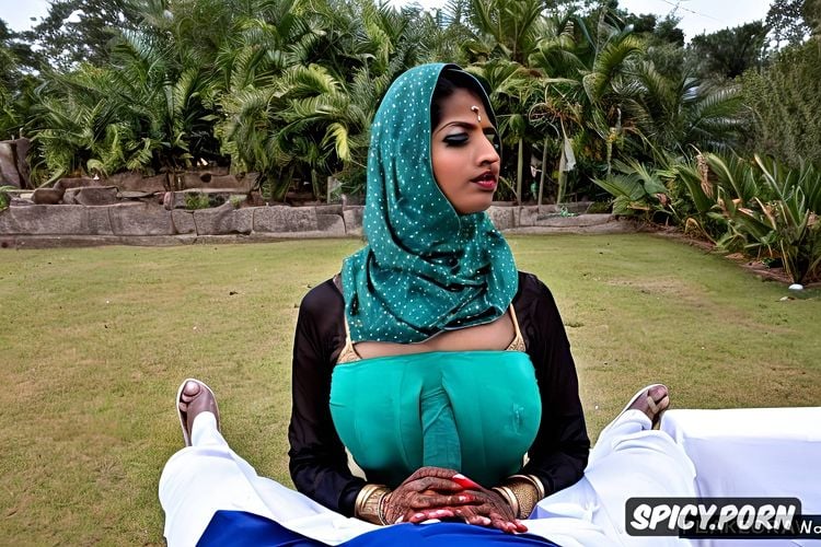 young pakistani women, wearing hijab, pov point of view of an south indian man looking down