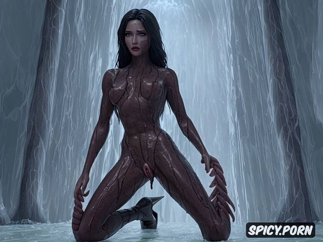 dystopie, highres, dark skin, teen, perfect naked woman loves tentacle breeding in her pussy