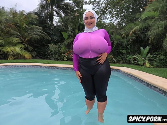 wet in the pool, healthy chubby feminine body, fatter armpits