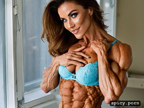 eyeglasses, female bodybuilder, 18 years old, ripped abs, zero fat