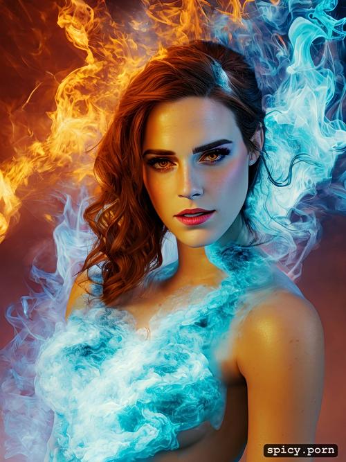 nude, fiery emmawatson with fire smoke around her, the style of light blue and pink