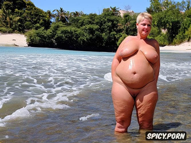 short blonde hair, fat legs, fat woman, public beach, big belly