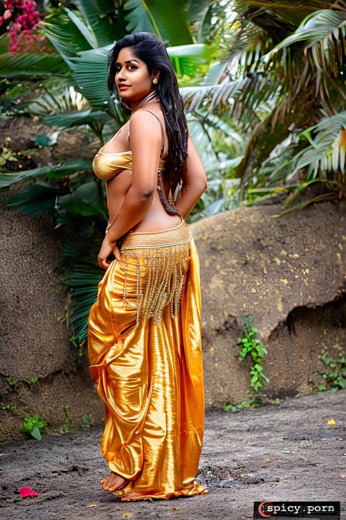 half saree, brown hair, big curvy hip, gorgeous face, indian lady