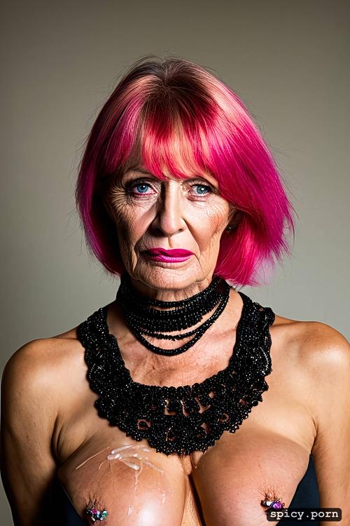 intricate hair, depressed, lips botox, cum shot, pink hair, 80 years old