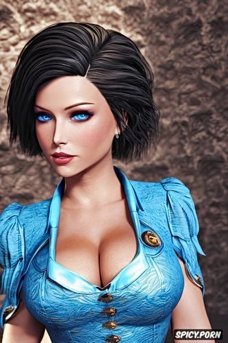 masterpiece, elizabeth bioshock infinite beautiful face pale skin blue eyes short black hair corset blue bolero jacket and a blue long skirt no makeup shy