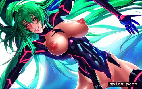 cleavage, straight hair, precise lineart, cute smile, black robot woman