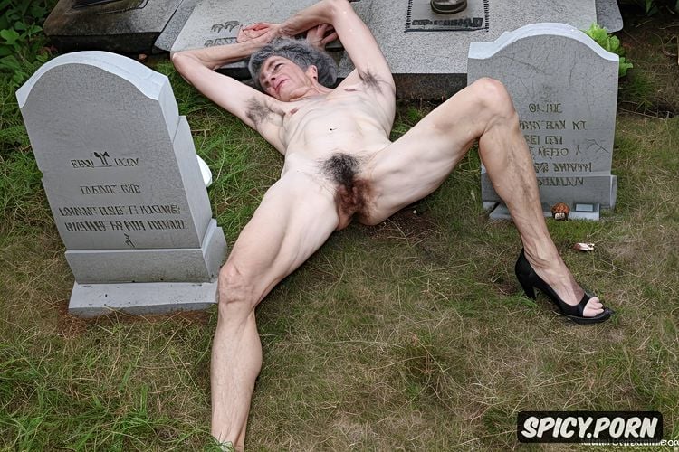 very detailed, leaning on gravestone, showing armpits, thin