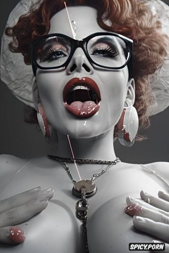 massive glasses, sperm on tongue, cum on giant veiny tits, red curls