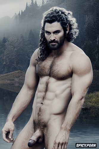 perfect male face, muscular male, curly hair, naked hairy body