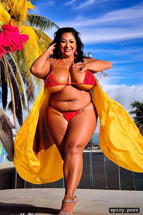 color photo, flawless smiling face, 55 yo beautiful hawaiian hula dancer