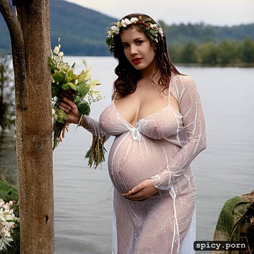 fair haired, standing in the lake, pregnant, wet see through clothes