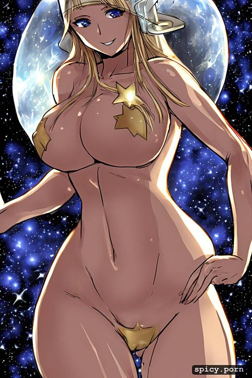 space helmet, happy, large boobs, long flowing blond hair, skinny waist