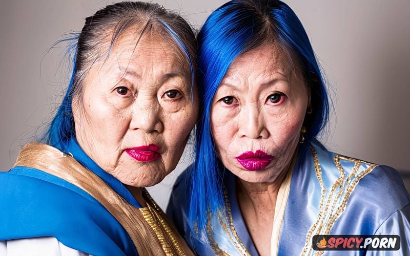 closeup, hot pink lipstick shade, eye color blue, pov, face photo 90 year old mongolian woman with round facial features and high cheekbones