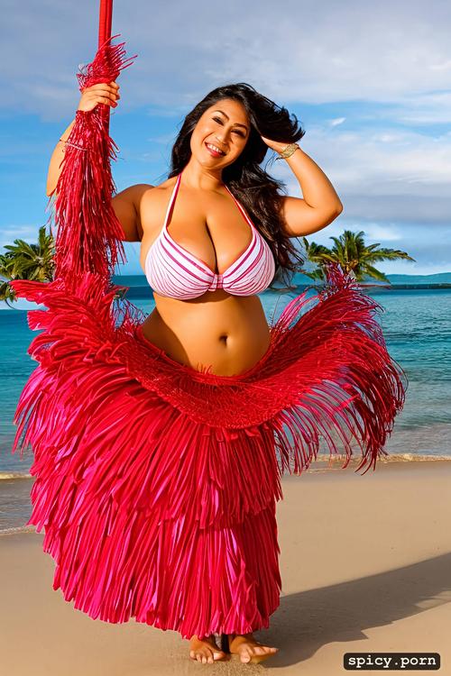 curvy body, bikini top, giant hanging boobs, flawless smiling face