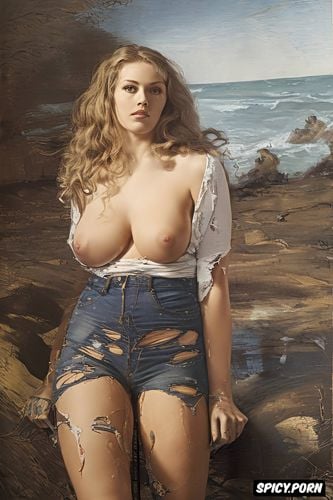 courbet oil painting, perfect, denim hotpants, delacroix oil painting