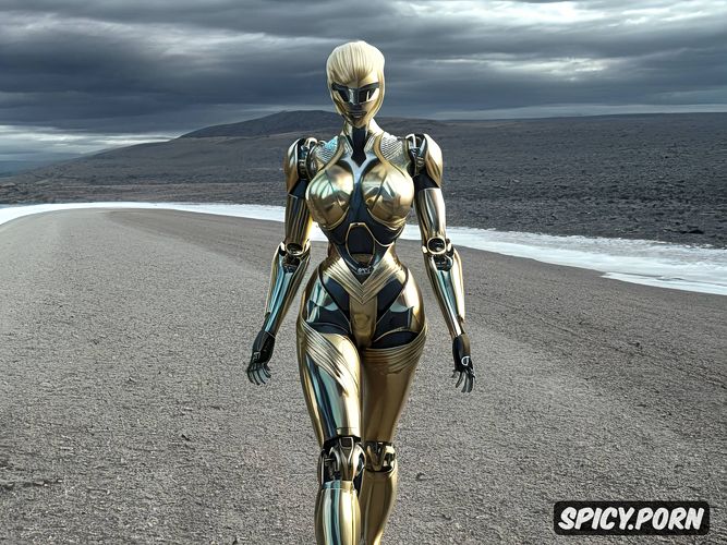 sexy blonde robot with fully metallic body and huge tits, full body view