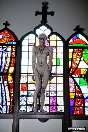 pierced nipples, pierced pussy, glasses, stained glass windows