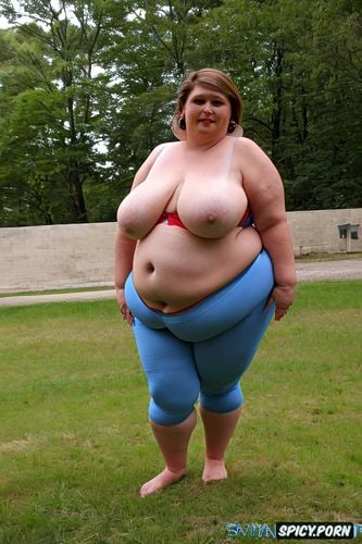morbidly obese, camel toe, too tight, large belly, pixie hair