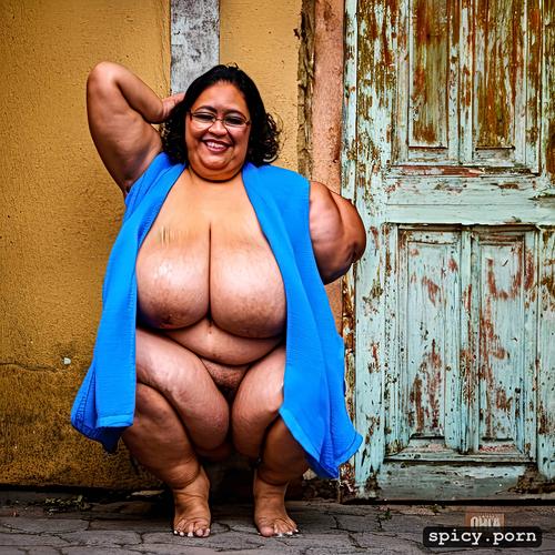 a chubby naked obese mexican woman, spreading legs, sagging fat belly
