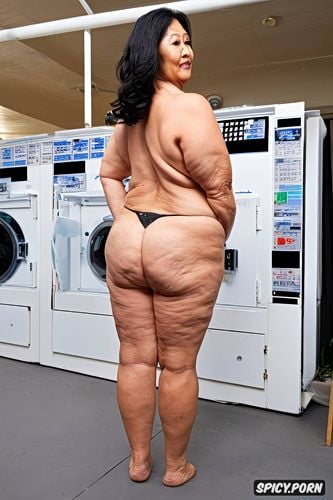 massive ass, intricate, perfect face, seventy of age, in a laundromat