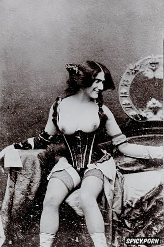 victorian 1800s tintype, 18yo petite brunette nymphette, dressed in hucow lingerie