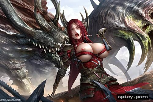 fearfull look, aggressive, fit body, armor, humanoid, allien monster groping chained prisoner woman s boobs