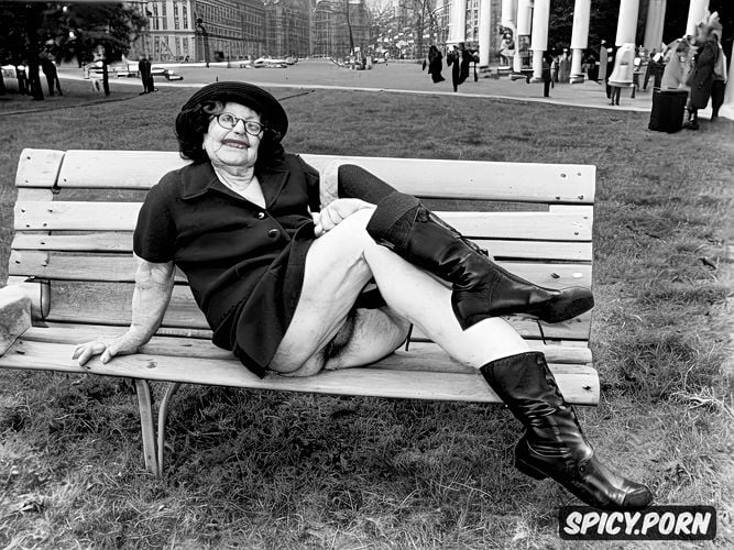 spreading fat cellulite legs, sitting on a bench, boots, ugly fat grandma