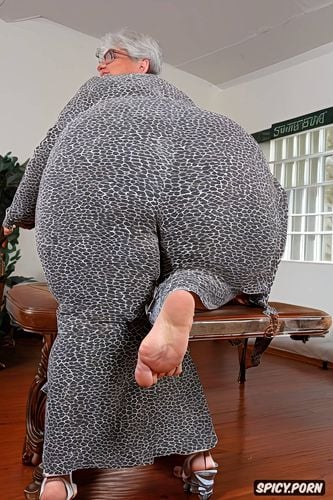 best quality, intricate, huge massive saggy ass, squatting, ass rolled up old slut face face turned sideway white