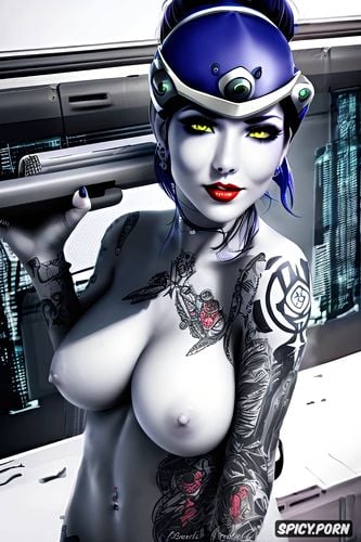 widowmaker overwatch beautiful face young full body shot, tattoos small perky tits tits out masterpiece