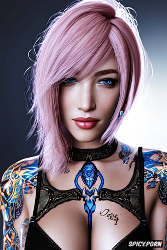 ultra detailed, masterpiece, slutty blue lingerie, lightning farron final fantasy 13 beautiful face tattoos