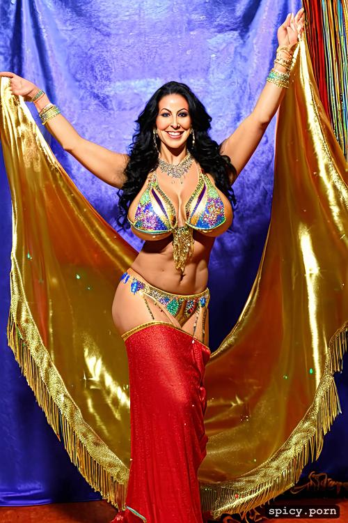 full body view, perfect stunning smiling face, intricate beautiful bellydance costume with bra