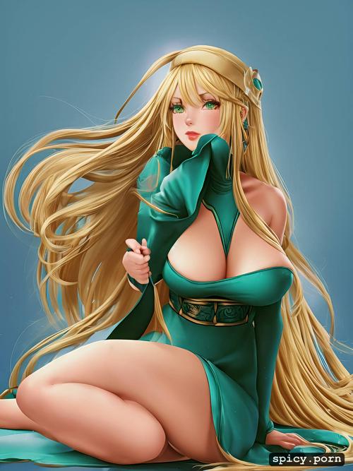 kirikan cokekiri yu gi oh dark magician girl absurdres commentary request highres 1girl arm guards bare shoulders blonde hair blue dress blue headwear blush stickers breasts cleavage closed mouth collarbone dress duel monster feet out of frame gradient background green eyes grey background hair between eyes large breasts long hair looking at viewer off shoulder dress off shoulder sitting smile solo very long hair white background