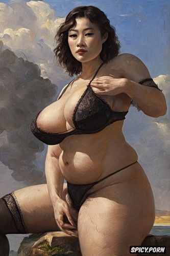 big tits, courbet, steam, realism painting, sunlight reflected on skin