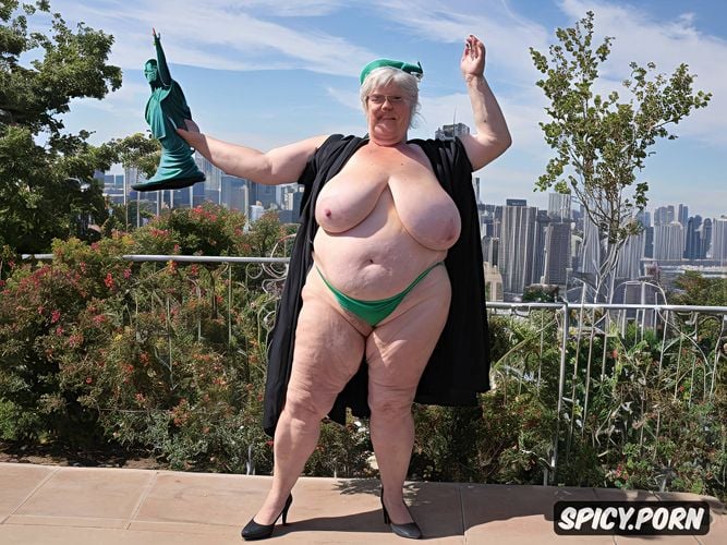 very huge massive big breasts naked to the viewer, year old fat old woman dressed as the statue of liberty seen in full body showing her well detailed obese body