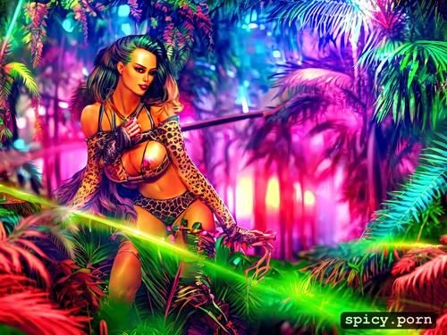 neon colors, highly detailed, super realistic, 16k, jungle, highres