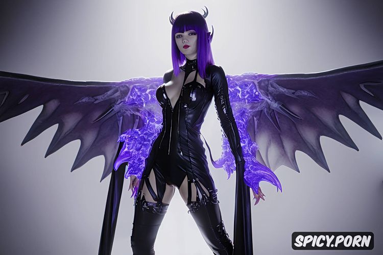 black demonic tail, ultra detailed, black draconic wings, purple hair