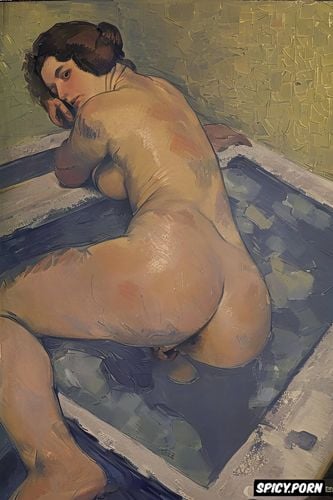 textured impasto oil paint, intimate tender lips, taking a bath