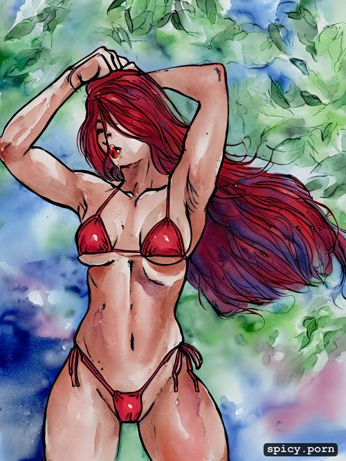 micro bikini, red hair, tattoos, sunbathing, pastel colors, muscular body