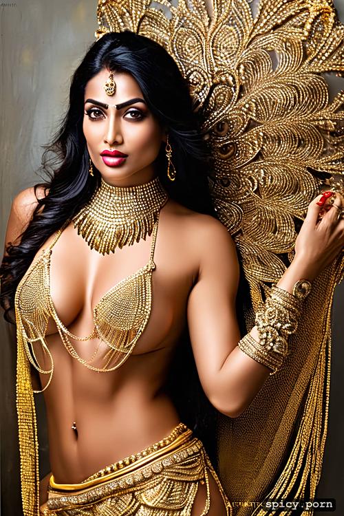 gold jewellery, perfect boobs, half saree, 40 years old, curvy hip