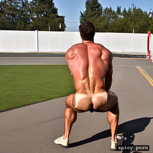 squatting, bubble butt, solo, big muscular ass, after his gym workout