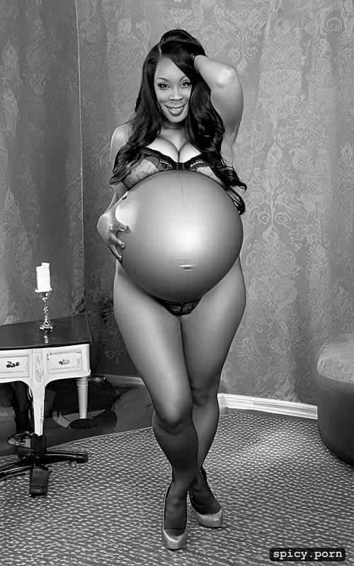inflated swollen enormous pregnant belly, eye contact, enormous hips