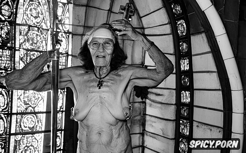 pierced nipples, gray pussy, glasses, stained glass windows