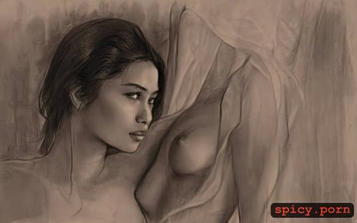 sketch, charcoal, dark nipples, intricate boobs, on crumpled parchment paper