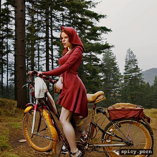 12 k hires, bicycle in background, see naked boobs, red riding hood