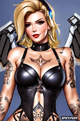 tattoos masterpiece, ultra detailed, mercy overwatch beautiful face milf sexy low cut leather mistress outfit