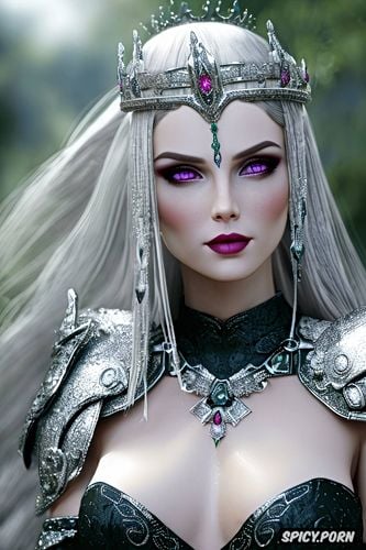 pale skin, pale purple eyes, tiara, full lips, wearing black scale armor